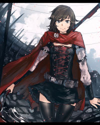 Rule 34 | 1girl, advarcher, bad id, bad pixiv id, black dress, black hair, black thighhighs, cape, cowboy shot, dress, grey eyes, grey sleeves, hair between eyes, highres, holding, holding scythe, long sleeves, looking at viewer, outdoors, red cape, ruby rose, ruins, rwby, scythe, short dress, short hair, smile, solo, standing, swept bangs, thigh gap, thighhighs, torn cape, torn clothes