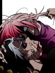 Rule 34 | 2boys, black sclera, blood, blood in mouth, blood on face, colored sclera, face grab, grabbing another&#039;s chin, grabbing another&#039;s hair, green eyes, grey hair, hand on another&#039;s chin, hat, highres, jojo no kimyou na bouken, male focus, multiple boys, pink hair, red eyes, risotto nero, sameyama jiro, shaded face, vento aureo, vinegar doppio