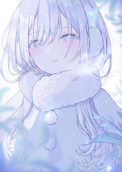 Rule 34 | 1girl, absurdres, blue cloak, blurry, blurry foreground, branch, breath, cloak, earmuffs, fur collar, grey background, grey eyes, hair over eyes, highres, long hair, no pupils, open mouth, original, outdoors, pom pom (clothes), shiolatte, snowing, solo, upper body, white hair