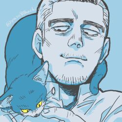 Rule 34 | 1boy, affectionate, animal, animal on shoulder, blue theme, cat, cat on shoulder, collared shirt, facial hair, goatee stubble, golden kamuy, grey hair, hand up, kadokura (golden kamuy), long sideburns, male focus, mature male, monochrome, multicolored hair, mustache stubble, old, old man, portrait, shirt, short hair, sideburns, smile, solo, stubble, thick eyebrows, two-tone hair, yaso80hachi