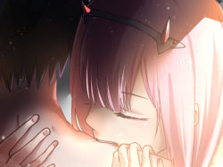 Rule 34 | 10s, 1boy, 1girl, biting, black hair, couple, darling in the franxx, closed eyes, hair ornament, hairband, hiro (darling in the franxx), horns, long hair, oni horns, pink hair, red horns, topless male, short hair, sunaokatana, white hairband, zero two (darling in the franxx)