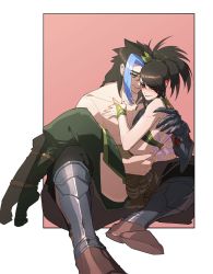 Rule 34 | akali, arms behind back, blue hair, blush, ddlggoddadda, foot out of frame, highres, kayn (league of legends), league of legends, outside border, pectorals, pink background, ponytail, red background, red eyes, tattoo, yellow eyes