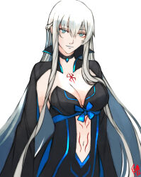 Rule 34 | 1girl, black cape, black choker, black dress, blue bow, blue eyes, bodypaint, bow, braid, breasts, cape, chest bow, choker, cleavage, clothing cutout, commentary, covered navel, cowboy shot, dress, english commentary, fate/apocrypha, fate/grand order, fate (series), french braid, grey hair, hair between eyes, highres, large breasts, light smile, long hair, moedredd, morgan le fay (fate), mystical high collar, navel cutout, signature, solo, very long hair, white background