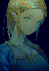 Rule 34 | 1girl, black background, blonde hair, braid, bright pupils, green eyes, hair ornament, hairclip, looking at viewer, nintendo, parted bangs, parted lips, pointy ears, princess zelda, solo, the legend of zelda, the legend of zelda: breath of the wild, white pupils, yamakawa