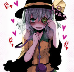 Rule 34 | 1girl, black hat, blush, bright pupils, compound eyes, dot nose, frilled shirt collar, frilled sleeves, frills, fua yuu, green eyes, hat, hat ribbon, heart, heavy breathing, komeiji koishi, looking at viewer, monster girl, parted lips, ribbon, shirt, silver hair, smile, solo, sweat, touhou, upper body, white pupils, wide sleeves, yellow shirt
