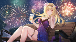Rule 34 | 1girl, absurdres, bag, bare shoulders, bench, bianca (punishing: gray raven), black bow, black hairband, blonde hair, blush, bow, bracelet, breasts, cleavage, cup, dress, drink, drinking glass, feet out of frame, fireworks, flower, hair flower, hair intakes, hair ornament, hairband, hand in own hair, hand up, handbag, highres, holding, holding cup, jewelry, large breasts, lino chang, long hair, mole, mole under eye, night, night sky, on bench, park bench, pink flower, punishing: gray raven, purple dress, sitting, skindentation, sky, sleeveless, sleeveless dress, smile, solo, thigh strap