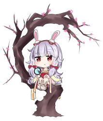 Rule 34 | 1girl, :o, animal ears, animal slippers, azur lane, bailingxiao jiu, blush, bow, brown eyes, bunny slippers, chibi, dress, hair bow, hairband, in tree, laffey (azur lane), laffey (white rabbit welcomes the spring) (azur lane), long hair, long sleeves, parted lips, pink footwear, pleated dress, rabbit ears, red bow, red dress, red hairband, silver hair, simple background, sitting, sitting in tree, slippers, solo, tree, twintails, very long hair, white background