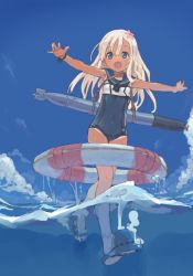 Rule 34 | 10s, 1girl, blonde hair, blue eyes, crop top, flower, hair flower, hair ornament, kantai collection, lifebuoy, long hair, one-piece tan, outstretched arms, ro-500 (kancolle), s.o chin, sailor collar, school swimsuit, spread arms, swim ring, swimsuit, swimsuit under clothes, tan, tanline, torpedo