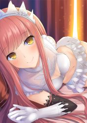 Rule 34 | 1girl, backlighting, bare shoulders, bed sheet, blunt bangs, blush, cleavage cutout, closed mouth, clothing cutout, crop top, curtains, elbow gloves, fate/grand order, fate (series), foreshortening, frills, gloves, hand on own hip, long hair, looking at viewer, lying, medb (fate), miniskirt, navel, on bed, on side, pink hair, sidelocks, skirt, sleeveless, smile, solo, stomach, taiki ken, tareme, tiara, white gloves, white skirt, yellow eyes