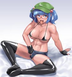 Rule 34 | 1girl, abs, absurdres, alternate skin color, arm support, bespectacled, biceps, bikini, black bikini, black gloves, black thighhighs, blue eyes, blue hair, blue nails, blue shorts, blunt bangs, breasts, cleavage, collarbone, commission, commissioner upload, dark-skinned female, dark skin, denim, denim shorts, feet together, female masturbation, fingerless gloves, glasses, gloves, green headwear, hair bobbles, hair ornament, heart, heart-shaped pupils, highres, kawashiro nitori, knees apart feet together, large breasts, looking at viewer, masturbation, masturbation through clothes, micro bikini, micro shorts, muscular, muscular female, nail polish, naughty face, navel, navel piercing, oiled, open mouth, piercing, red-framed eyewear, shiny clothes, shiny legwear, shiny skin, short hair, short twintails, shorts, simple background, skeb commission, smile, solo, swimsuit, symbol-shaped pupils, tarmo, thighhighs, tongue, tongue out, tongue piercing, touhou, twintails
