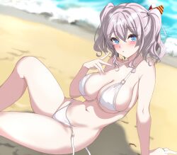 Rule 34 | 1girl, absurdres, arm support, beach, bikini, blue eyes, breasts, commentary request, from side, grey hair, hair between eyes, hair ribbon, halterneck, hand up, highres, kantai collection, kashima (kancolle), knee up, large breasts, long hair, looking at viewer, navel, nitamako (sakamalh), ocean, open mouth, outdoors, reclining, ribbon, side-tie bikini bottom, sidelocks, sitting, solo, swimsuit, twintails, untied bikini, untied bikini bottom, wavy hair, white bikini