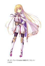 Rule 34 | 1girl, blonde hair, boots, braid, breasts, bridal gauntlets, cape, commentary request, copyright name, crown braid, fingerless gloves, floating hair, full body, gloves, green eyes, hair between eyes, hand on own hip, hand on own chest, highres, knee boots, long hair, long sleeves, looking at viewer, official art, original, pantyhose, portrait, shirt, sidelocks, simple background, skirt, small breasts, smile, solo, tenmaso, very long hair, white background, white cape, white shirt, white skirt