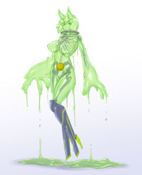 Rule 34 | 1girl, breasts, colored skin, completely nude, full body, green eyes, green hair, green skin, grin, highres, horns, large breasts, monster girl, no nipples, nude, original, oversized forearms, oversized limbs, saltisan, short hair, skeleton, slime (substance), slime girl, smile, solo, see-through body