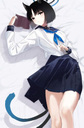 Rule 34 | 1girl, absurdres, animal ears, bed sheet, black eyes, black hair, black sailor collar, black skirt, blue archive, blue neckerchief, blush, book, cat ears, cat tail, closed mouth, feet out of frame, highres, holding, holding book, kikyou (blue archive), long sleeves, looking at viewer, multiple tails, neckerchief, pleated skirt, sailor collar, school uniform, serafuku, short hair, skirt, solo, tail, two tails, ushiroki