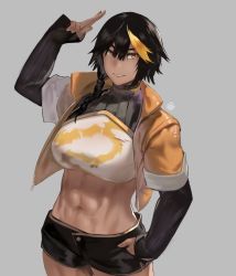 Rule 34 | 1girl, abs, arm up, artist name, black hair, black shorts, black sleeves, blonde hair, blouse, braid, breasts, cowboy shot, crop top, cropped jacket, dated commentary, dragon print, grey background, groin, hair between eyes, hair over shoulder, hand in pocket, hunyan, jacket, large breasts, long sleeves, looking at viewer, midriff, multicolored hair, navel, open clothes, open fly, open jacket, original, parted lips, shirt, short shorts, shorts, shrug (clothing), side braid, sidelocks, simple background, single braid, smile, solo, standing, streaked hair, two-tone hair, white shirt, yellow eyes, yellow jacket
