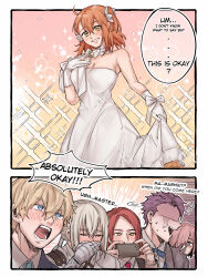 Rule 34 | 2girls, 4boys, armpit peek, bedivere (fate), blonde hair, blue eyes, blush, breasts, cellphone, cleavage, comic, commentary, detached collar, dress, english commentary, english text, fate/grand order, fate (series), fujimaru ritsuka (female), fujimaru ritsuka (female) (fgo orchestra), gauntlets, gawain (fate), gloves, grey hair, hair over one eye, highres, holding, holding phone, knights of the round table (fate), kulissara-aung, lancelot (fate/grand order), large breasts, long dress, mash kyrielight, multiple boys, multiple girls, one side up, open mouth, orange eyes, orange hair, phone, pink eyes, pink hair, purple hair, red hair, shaded face, skirt hold, smartphone, smile, sparkle, strapless, strapless dress, sweat, sweatdrop, taking picture, tristan (fate), white dress, white gloves, yellow eyes