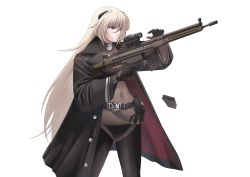 Rule 34 | 1girl, absurdres, alternate costume, ammunition belt, assault rifle, battle rifle, belt, black belt, black coat, black pants, blonde hair, bodystocking, breasts, closed mouth, coat, commission, covered navel, feet out of frame, g3 (girls&#039; frontline), girls&#039; frontline, gun, h&amp;k g3, hair ornament, hairclip, harness, highres, holding, holding gun, holding weapon, lips, long hair, looking at viewer, magazine (weapon), military coat, open clothes, open coat, pants, pixiv commission, purple eyes, redaiba, rifle, solo, standing, transparent background, weapon, wide sleeves