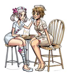 Rule 34 | 2014, 2girls, artist request, bandages, blonde hair, bloody marie (skullgirls), chair, cosplay, crossover, drawfag, facepaint, grey hair, hair ornament, hat, heather mason, jewelry, latex, bandaged leg, mirror, multiple girls, necklace, nurse (silent hill), nurse (silent hill) (cosplay), nurse cap, open mouth, painting (action), red eyes, short hair, silent hill, silent hill (series), silent hill 3, sitting, skullgirls, smile, stool, twintails, valentine (skullgirls), valentine (skullgirls) (cosplay), white background
