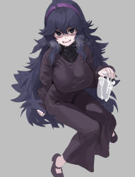 1girl @_@ ahoge alternate_breast_size bad_id bad_twitter_id black_dress blue_eyes blue_hair blush bottle breasts creatures_(company) dress game_freak grey_background hairband hex_maniac_(pokemon) highres large_breasts long_dress long_hair long_sleeves looking_at_viewer messy_hair milk_bottle mx2j nail_polish nintendo open_mouth pokemon pokemon_xy purple_hairband simple_background sitting smile