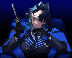 Rule 34 | 1girl, black gloves, black hair, blue necktie, breasts, buttons, closed mouth, coat, commentary, couch, double-breasted, dress shirt, earrings, eus ing, eyelashes, forehead, formal, gloves, gun, hair intakes, handgun, holding, holding gun, holding weapon, hololive, hololive english, jacket, jewelry, large breasts, long sleeves, looking at viewer, mafia (vocaloid), necktie, official alternate costume, on couch, ouro kronii, revolver, shirt, short hair, smile, solo, suit, suit jacket, triangle earrings, two-sided coat, two-sided fabric, upper body, virtual youtuber, weapon, white shirt