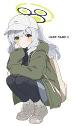 Rule 34 | 1girl, black pantyhose, blue archive, blush, closed mouth, green eyes, green jacket, grey hair, hare (blue archive), hare (camp) (blue archive), hat, highres, hood, hooded jacket, jacket, long hair, long sleeves, mochigome (ununquadium), official alternate costume, open clothes, open jacket, pantyhose, ponytail, shoes, simple background, smile, solo, white background, white hat
