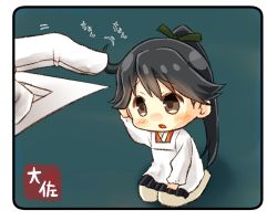 Rule 34 | 10s, 1girl, admiral (kancolle), apron, artist name, bad id, bad twitter id, black hair, blush, brown eyes, commentary request, highres, houshou (kancolle), japanese clothes, kantai collection, kappougi, long hair, mini person, minigirl, motion lines, open mouth, playing with another&#039;s hair, ponytail, seiza, sitting, solo focus, taisa (kari), white legwear