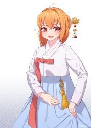 Rule 34 | 1girl, :d, ahoge, bad id, bad pixiv id, blush, cowboy shot, fang, gradient background, hair intakes, hair ornament, hairpin, hanbok, highres, korean clothes, long hair, long sleeves, looking at viewer, narynn, narynn (character), open mouth, orange hair, original, red eyes, red ribbon, ribbon, smile, solo, standing, tassel, twitter username, white background