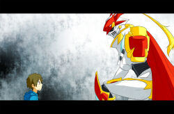 Rule 34 | armor, cape, digimon, dukemon, full armor, goggles, goggles on head, looking at another, matsuda takato