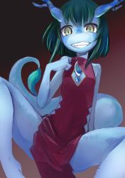 Rule 34 | 1girl, antlers, blue skin, china dress, chinese clothes, colored skin, dress, female focus, grin, horns, monster girl, original, ruu bot, short hair, sleeveless, slit pupils, smile, solo, spread legs, tail, teeth