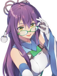 Rule 34 | 1girl, adjusting eyewear, asymmetrical bangs, bare shoulders, chiharu (9654784), commentary request, detached sleeves, elbow gloves, unworn eyewear, glasses, gloves, green-framed eyewear, green eyes, hair between eyes, hair ornament, hair over shoulder, hand on eyewear, highres, holding, holding removed eyewear, japanese clothes, kimono, long hair, looking at viewer, multicolored clothes, nontraditional miko, open mouth, original, purple hair, sleeveless, sleeveless kimono, smile, solo, very long hair, white background, white gloves