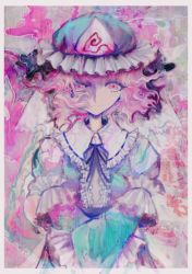 Rule 34 | 1girl, abstract, blue hat, blue kimono, collar, commentary request, frilled collar, frilled kimono, frills, fu~ai, hat, highres, japanese clothes, kimono, looking at viewer, mob cap, pink eyes, pink hair, saigyouji yuyuko, short hair, solo, touhou, traditional media, triangular headpiece, upper body