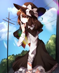 Rule 34 | 1girl, absurdres, black hat, brown eyes, brown hair, cable, cloud, enneh, hat, highres, looking at viewer, open mouth, pointing, pointing up, ribbon, sky, solo, touhou, tree, usami renko, utility pole