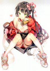 Rule 34 | 1girl, absurdres, anmi, bare shoulders, black hair, blush, box, chocolate, closed mouth, collarbone, food, food on face, gift, gift box, green eyes, hair ribbon, heart, heart-shaped box, highres, holding, holding food, jacket, kneehighs, long hair, long sleeves, looking at viewer, off shoulder, original, red jacket, ribbon, scan, shoes, shorts, side ponytail, simple background, sitting, sleeveless, smile, sneakers, socks, solo, thigh strap, valentine, very long hair, white background, white socks