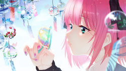 Rule 34 | 1girl, blue eyes, blue flower, breasts, commentary request, floral print, flower, from side, go-toubun no hanayome, hair ornament, hair ribbon, highres, long sleeves, nail polish, nakano nino, pink flower, pink nails, portrait, ribbon, solo, wind chime, zhanzheng zi