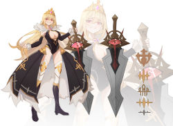 Rule 34 | 1girl, absurdres, bad id, bad pixiv id, black footwear, blonde hair, blush, boots, breasts, cleavage, crown, dress, hands up, headpiece, highres, holding, holding sword, holding weapon, knee boots, lan zhu gu, large breasts, long hair, looking at viewer, open mouth, original, parted lips, red eyes, simple background, skull, solo, standing, sword, tachi-e, teeth, thighhighs, thighs, underboob, weapon, white background, white thighhighs