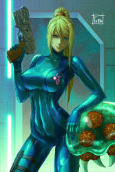 Rule 34 | 1girl, absurdres, artist name, blonde hair, blue bodysuit, blue eyes, bodysuit, breasts, closed mouth, covered collarbone, covered navel, directed-energy weapon, energy gun, energy weapon, gun, hand up, handgun, highres, holding, holding weapon, holster, large breasts, lips, long hair, long sleeves, looking at viewer, metroid, metroid (classic), metroid (creature), mole, mole under mouth, neon trim, nintendo, paralyzer, ponytail, samus aran, shiny clothes, signature, simple background, skin tight, thigh holster, tomo eokaiteru, trigger discipline, turtleneck, weapon, zero suit