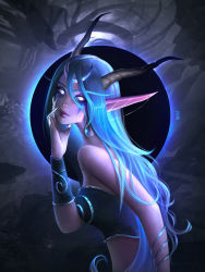 Rule 34 | 1girl, absurdres, alisa nilsen, bracer, claw ring, closed mouth, colored sclera, colored skin, ear piercing, earrings, elf, facial mark, from side, highres, horns, jewelry, linked piercing, looking at viewer, looking to the side, night elf (warcraft), night elf (warcraft), piercing, pink skin, pointy ears, purple lips, purple sclera, signature, solo, upper body, warcraft, white eyes, world of warcraft, ysera