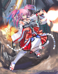 Rule 34 | 1girl, battle maiden mihikarihime, blue hair, boots, breasts, cardfight!! vanguard, cleavage, company name, fire, green eyes, gun, hair ornament, hairclip, japanese clothes, long hair, multicolored hair, official art, open mouth, patricia (stylish marunage), pink hair, solo, teeth, two-tone hair, two side up, weapon