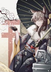 Rule 34 | 1girl, absurdres, animal ears, architecture, black gloves, brown eyes, brown hair, closed mouth, dinergate (girls&#039; frontline), dress, east asian architecture, fingerless gloves, fur-trimmed dress, fur trim, girls&#039; frontline, gloves, hair ornament, hair ribbon, highres, holding, holding umbrella, japanese clothes, long hair, looking away, new year, official alternate costume, oil-paper umbrella, priest77, ribbon, scar, scar across eye, scar on face, simple background, sitting, snowflakes, solo, umbrella, ump45 (girls&#039; frontline), ump45 (lonely traveler of eternity) (girls&#039; frontline)