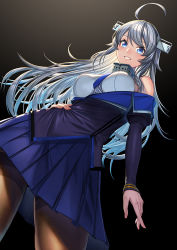 Rule 34 | 1girl, ahoge, bare shoulders, blouse, blue eyes, blue jacket, blue necktie, breasts, commentary request, from below, grin, hand on own hip, jacket, kantai collection, large breasts, long hair, looking at viewer, necktie, pantyhose, pleated skirt, shirt, silver hair, simple background, skirt, sleeveless, sleeveless shirt, smile, solo, teeth, unowen, washington (kancolle), white shirt