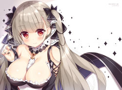 Rule 34 | 1girl, ameto yuki, artist name, azur lane, bare shoulders, between breasts, black bow, blunt bangs, blush, bow, breasts, cleavage, closed eyes, closed mouth, clothing cutout, collarbone, commentary request, corset, detached collar, earrings, formidable (azur lane), frills, hair bow, jewelry, large breasts, long hair, long sleeves, nail polish, pulling own clothes, red eyes, shoulder cutout, silver hair, smile, solo, sparkle, strap pull, twintails, upper body, very long hair, white background
