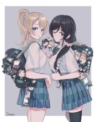 Rule 34 | 2girls, ayase eli, bad id, bad twitter id, bag, bag charm, black hair, black legwear, blonde hair, blue eyes, bow, bowtie, character charm, charm (object), closed mouth, collared shirt, commentary request, green eyes, grey background, hair ornament, hair scrunchie, highres, looking at viewer, love live!, love live! school idol project, multiple girls, one eye closed, parted lips, pleated skirt, ponytail, school bag, school uniform, scrunchie, shirt, shirt tucked in, short sleeves, simple background, skirt, thighhighs, tojo nozomi, white shirt, zawawa (satoukibi1108)