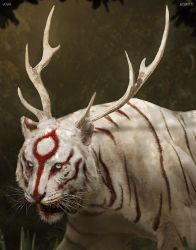 Rule 34 | animal, antlers, branch, concept art, cut content, forest, giant, giant monster, highres, horns, kaijuu, king kong (series), kong: skull island, leaf, legendary pictures, monster, monsterverse, nature, official art, plant, realistic, single horn, spirit tiger, tiger, white tiger, zachary berger