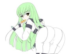 Rule 34 | 00s, ass, c.c., code geass, eating, food, green hair, looking back, pizza