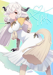 Rule 34 | 1girl, bow, bowtie, brown bow, brown bowtie, clothing cutout, commentary request, cowboy shot, dress, gloves, hair over one eye, kemono friends, kemono friends 3, long dress, long hair, ox ears, ox girl, ox horns, ox tail, pleated dress, red eyes, shirt, short sleeves, solo, tail, tail through clothes, twintails, utsuro atomo, white dress, white gloves, white hair, yak (kemono friends), yellow shirt
