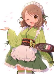 Rule 34 | 1girl, absurdres, apron, blurry, blurry background, breasts, brown eyes, brown hair, buchi (y0u0ri ), checkered sash, cow, dango, dot nose, dress, falling petals, food, frilled apron, frilled skirt, frills, green dress, green ribbon, hair ribbon, hand up, highres, holding, holding tray, idolmaster, idolmaster cinderella girls, idolmaster cinderella girls starlight stage, large breasts, long sleeves, looking at viewer, obi, obijime, one eye closed, open mouth, petals, plate, ribbon, ribbon-trimmed sleeves, ribbon-trimmed thighhighs, ribbon trim, sanshoku dango, sash, short hair, simple background, skirt, smile, solo, standing, thighhighs, tray, tsukimiya miyabi, wagashi, wavy hair, white apron, white background, white headdress, white thighhighs, wide sleeves