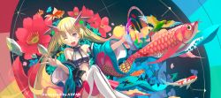 Rule 34 | 1girl, :d, artist name, bare shoulders, blonde hair, blue pupils, bug, butterfly, crystal, detached sleeves, fish, insect, koi, long hair, long sleeves, multicolored nails, nail polish, navel, one eye closed, open mouth, original, red eyes, smile, solo, thighhighs, vofan, white thighhighs, wide sleeves