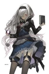 Rule 34 | 1girl, albino, belt, black thighhighs, book, bow, buckle, chain, colored skin, cropped jacket, crystal ball, dated, diagonal stripes, dress, fishnet thighhighs, fishnets, frills, fur trim, garter straps, glowing, glowing eyes, hair bow, hairband, knife, long hair, neck ribbon, one eye closed, pale skin, panties, pink panties, rayvon, red eyes, ribbon, simple background, solo, striped, striped clothes, striped hairband, suspenders, thighhighs, underwear, vampire, very long hair, white background, white hair, white skin