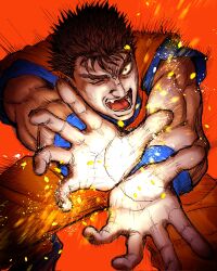 Rule 34 | 1boy, berserk, black hair, brown hair, commentary request, cosplay, dougi, dragon ball, fang, feet out of frame, fighting stance, guts (berserk), highres, incoming attack, kamehameha (dragon ball), light particles, looking at viewer, male focus, muscular, muscular male, nisino2222, one eye closed, open mouth, orange background, orange pants, orange theme, outstretched arms, pants, scar, scar on face, scar on nose, short hair, solo, son goku, son goku (cosplay), spiked hair, squatting, toriyama akira (character), wristband