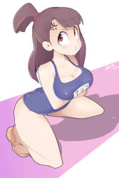Rule 34 | 1girl, absurdres, anger vein, angry, asymmetrical bangs, blush, breasts, brown hair, crossed arms, dated, eyelashes, highres, hot vr, kagari atsuko, kneeling, large breasts, little witch academia, one-piece swimsuit, pout, red eyes, sandals, simple background, solo, swimsuit, thighs